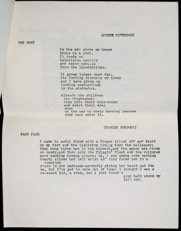 Brand "X" (television's arch and inferior villain: Author: 7 Poets Press 11x8½" mimeographed text, 5 leaves, stapled at top corner only & folded, as issued. With "Fast Pace" poem prose contribution by Bukowski. Dorbin C140. "Scarce" - Simon Finch cat