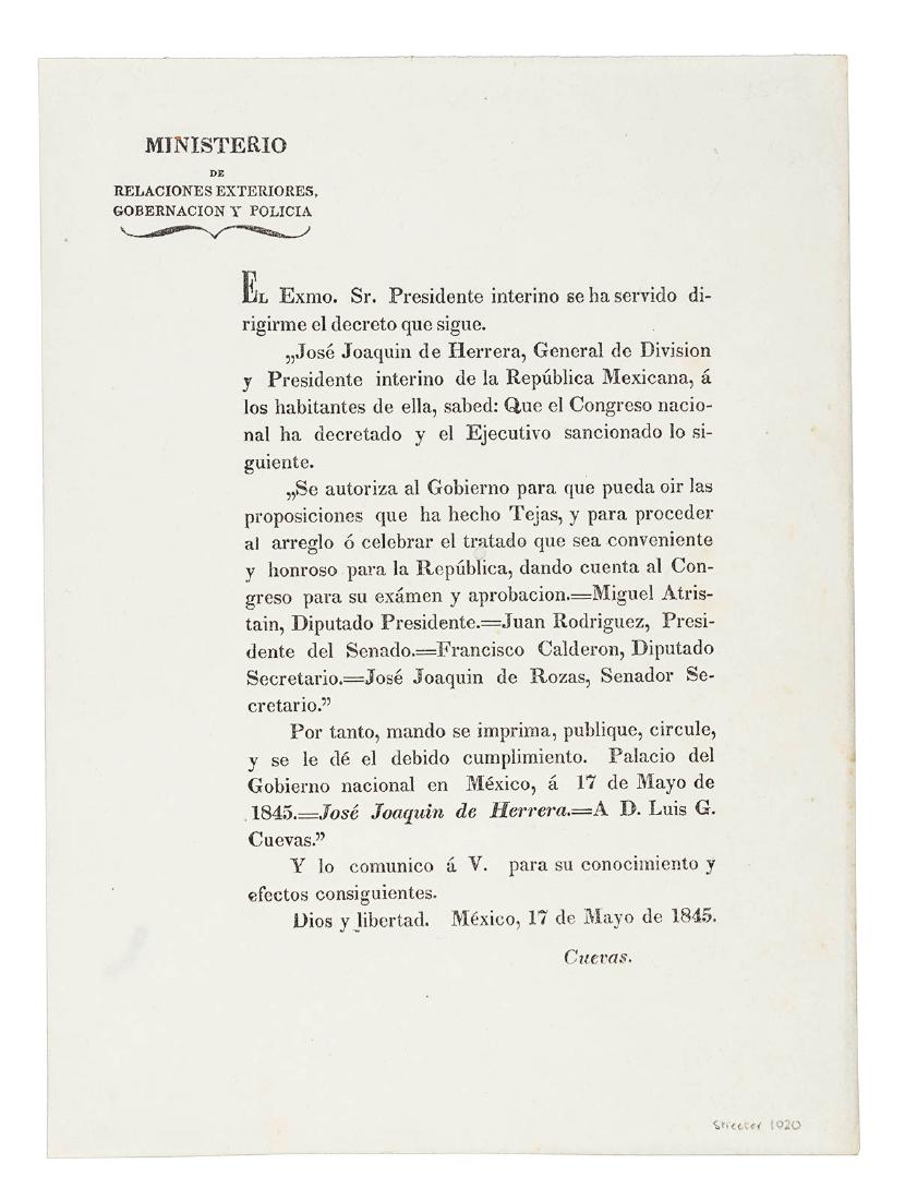 Failed treaty negotiations with regards to Texas: Heading: (Texas) Author: Title: Ministerio de Relaciones Exteriores, Gobernacion y Politica Place Published: [Mexico City] Publisher: Date Published: [1845] Description: [1