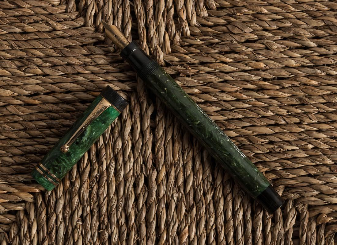 PARKER Duofold Special JADE GREEN, Canadian, c. 1928: Heading: Author: Parker Title: Duofold Special Fountain Pen, Jade Green Celluloid, Canadian Place Published: Canada Publisher: Date Published: c.1928 Description: Duofold S
