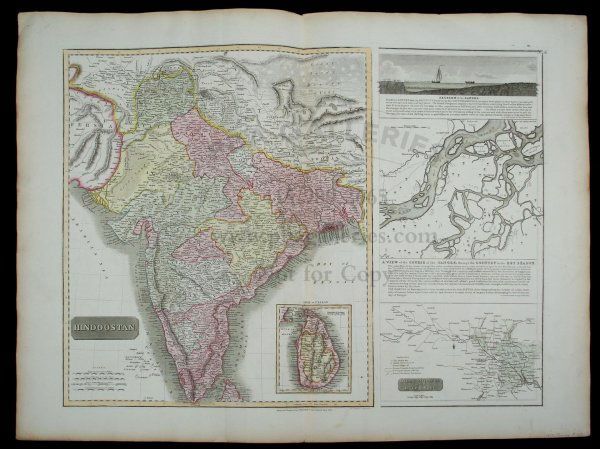 Hand-colored map of Hindostan 1814: Title: Hindoostan Author:Thomson, John Description:Copper-engraved map, hand-colored. 45.60.5 cm. (17¾x23¾"). Well-engraved map of India as the British East India Company held sway. At the right-han