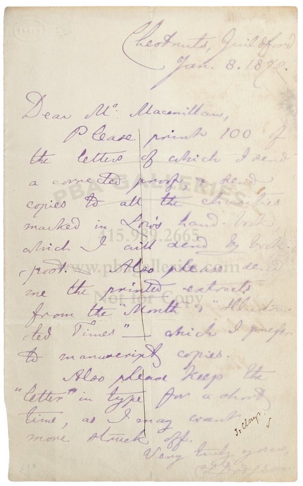 Lewis Carroll ALS to Macmillan publisher 1872