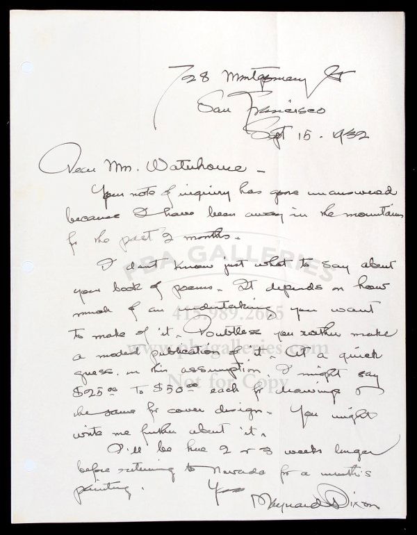Maynard Dixon letter regarding illustration fee: Title: Autograph Letter Signed, from Maynard Dixon to Mrs. A.J. Waterhouse Author: Dixon, Maynard Description: 20 lines, in ink, on plain sheet of writing paper 11x8½, with holes in left margin for 3