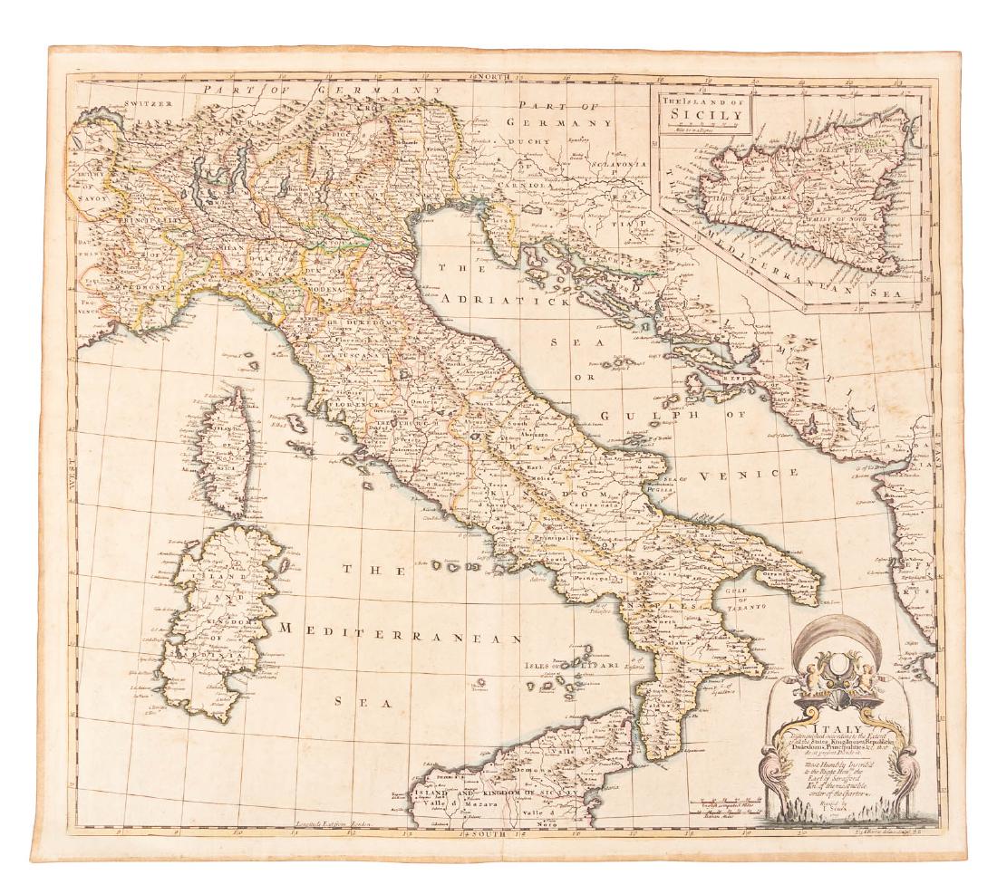 Map of Italy by John Senex 1721: Heading: Author: Senex, John Title: Italy Distinguished According to the Extent of all the States, Kingdomes, Republicks, Dukedoms, Principalities &c. that do at Present Divide it... Revised by I. Se