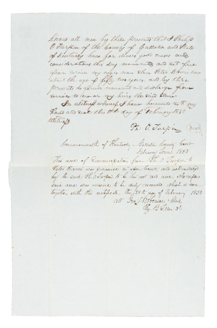 1850 Slave emancipation document, Kentucky (1 of 1)