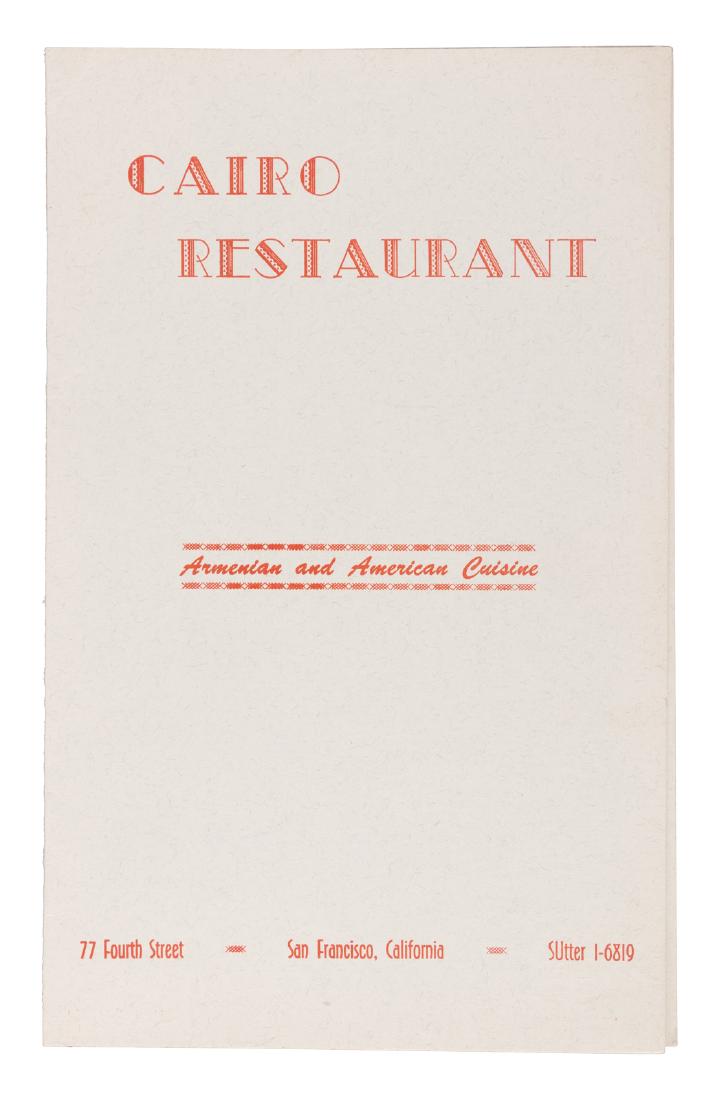 Menu of the 1st Armenian restaurant in San Francisco: Heading: (Cookery - San Francisco) Author: Title: Menu from the 1st Armenian restaurant in San Francisco Place Published: San Francisco Publisher: Date Published: ca. 1945 Description: