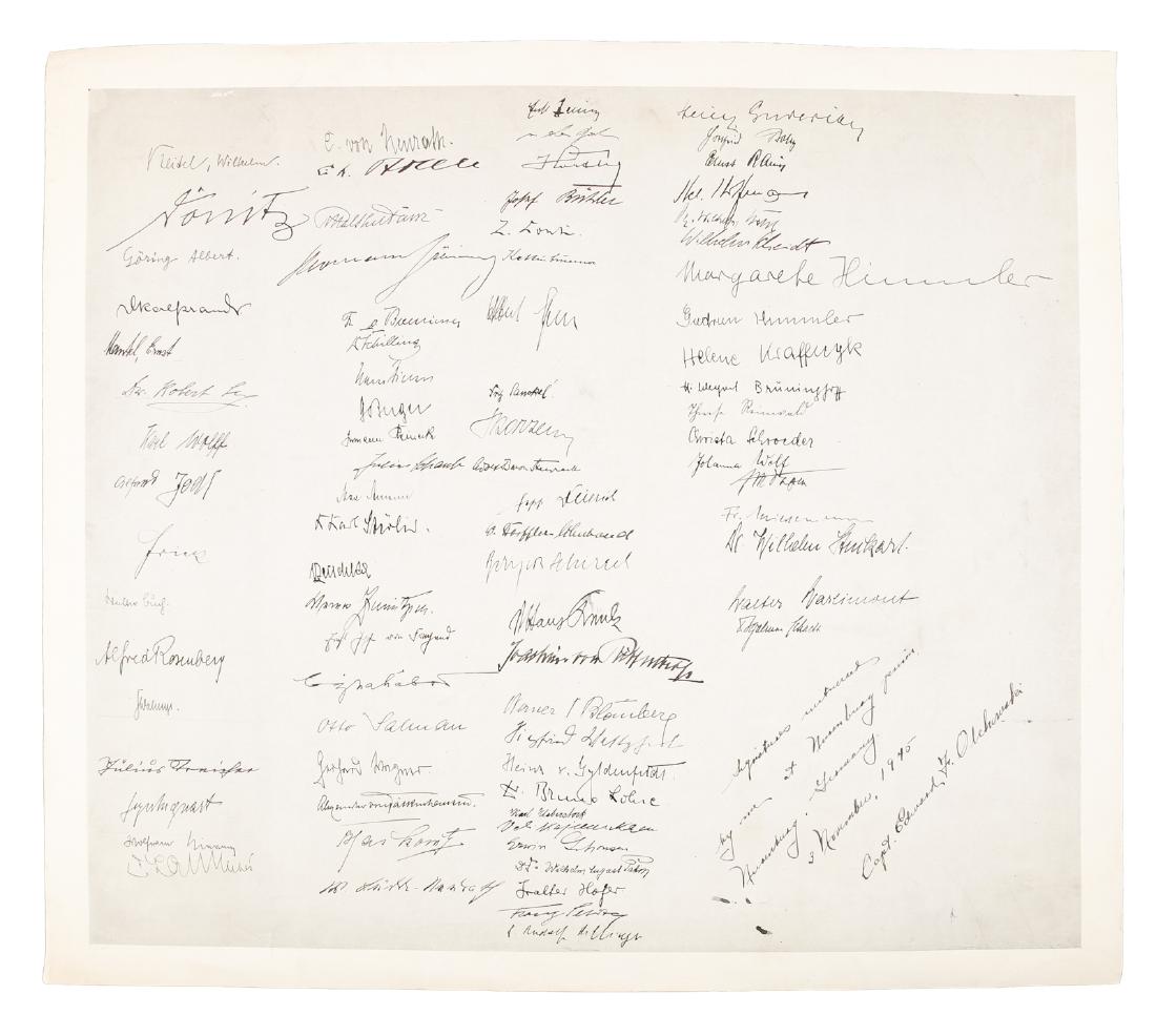 Signatures of Nazis at Nuremberg: Heading: (World War II) Author: Title: Printed sheet containing facsimile signatures of some 81 German prisoners on trial at Nuremberg following World War II Place Published: No place Publisher: