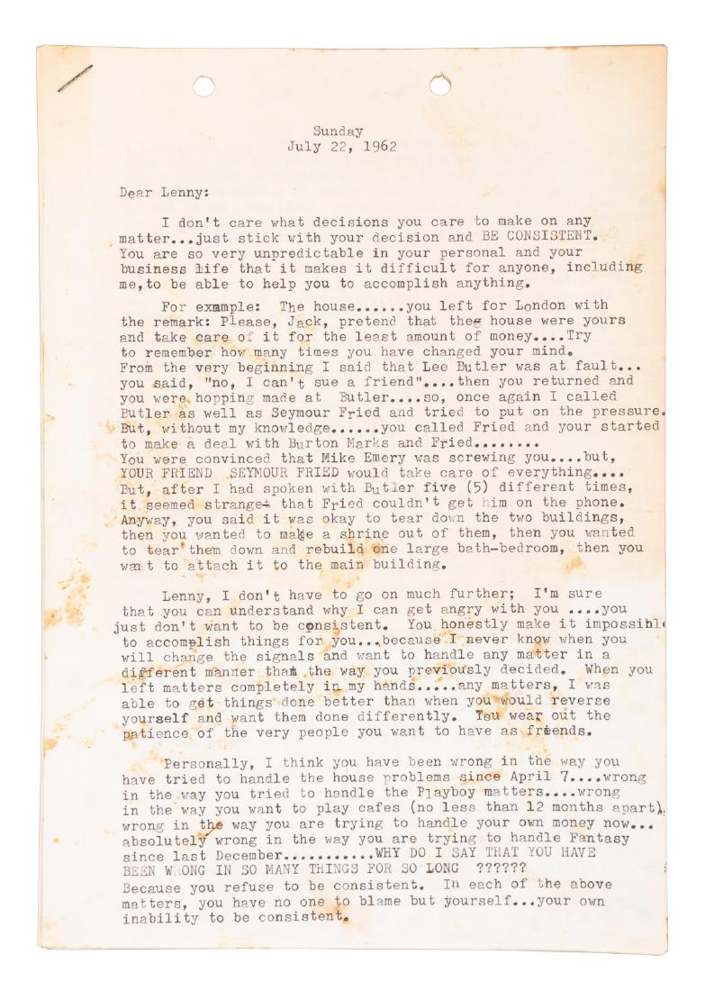 Jack Sobel opines on Lenny Bruce's financial problems: Heading: Author: Sobel, Jack Title: Letter from Lenny Bruce's agent Jack Sobel, to Bruce, regarding money problems and business disputes Place Published: No place Publisher: Date Published: