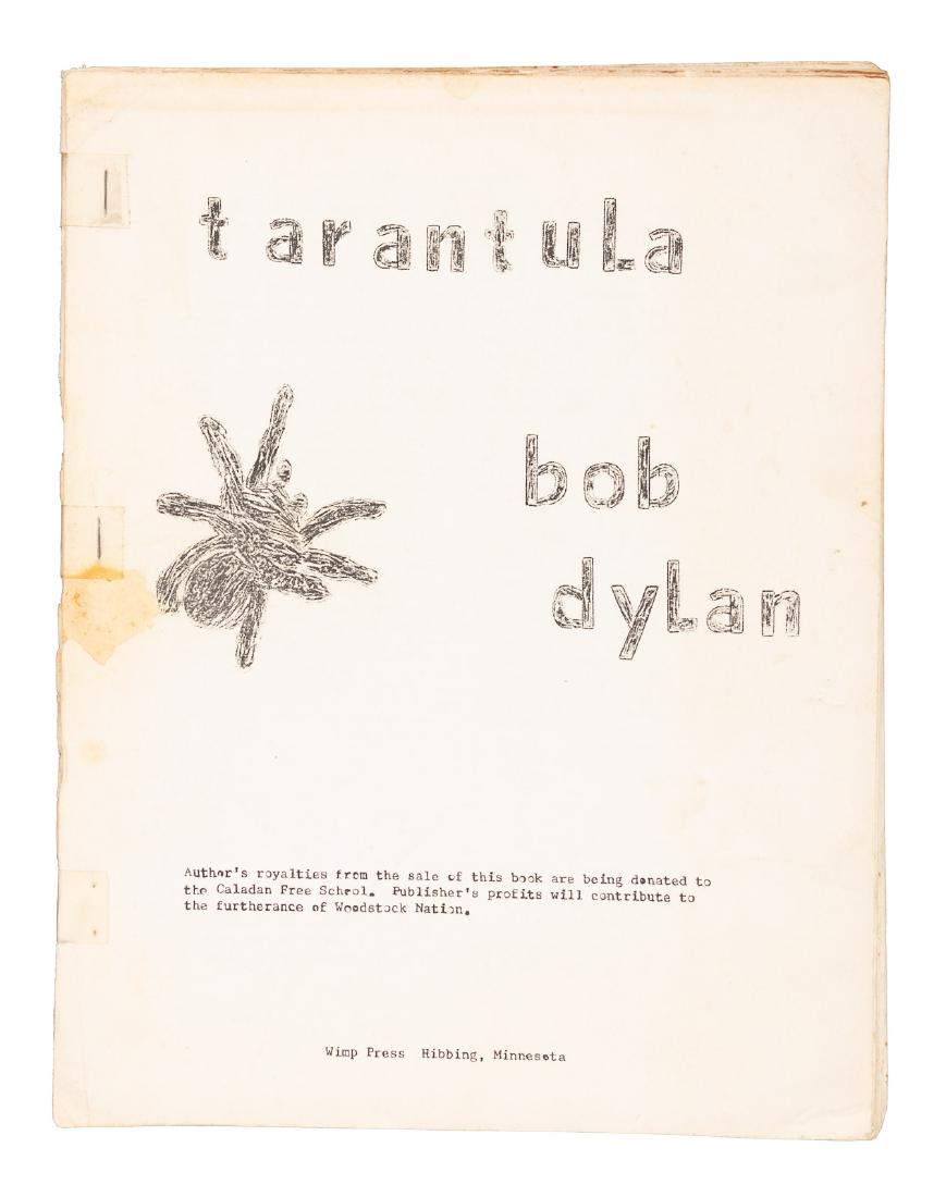 Bob Dylan, Tarantula, early pirated edition: Heading: Author: Dylan, Bob Title: Tarantula Place Published: Hibbing, Minnesota Publisher:Wimp Press Date Published: [c.1966] Description: 54 pp. 28x22 cm. (11x8½ in.), st