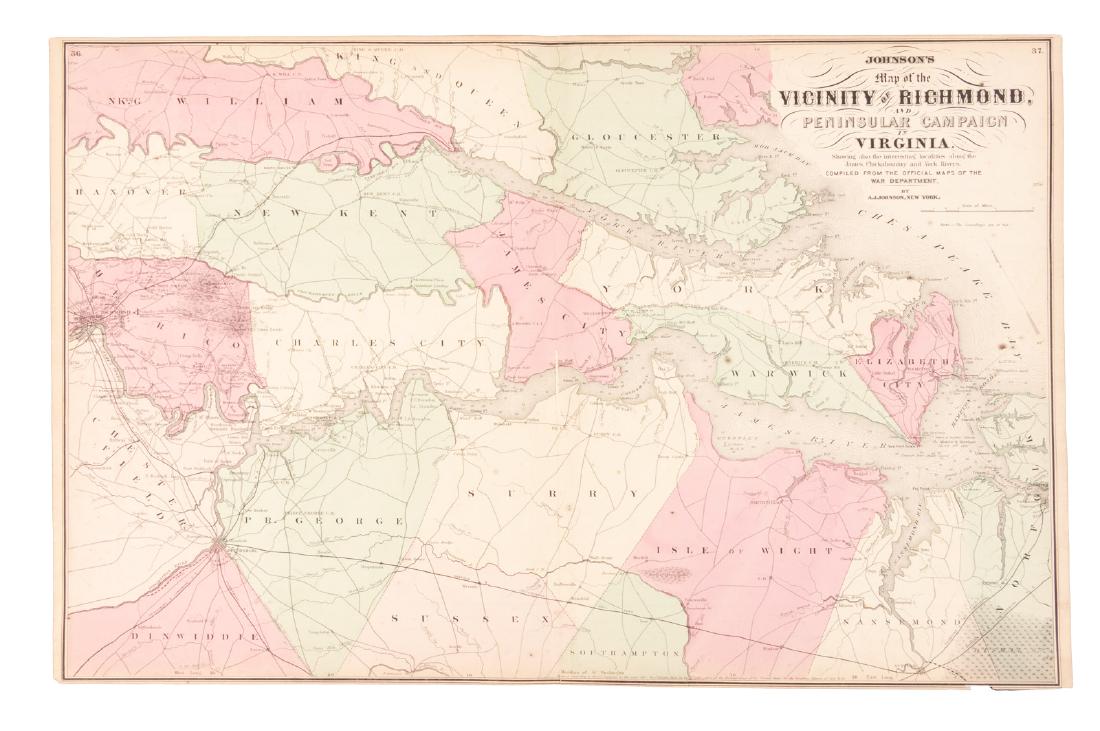 Peninsular Campaign in Civil War 1862: Heading: (Maps - Civil War) Author: Johnson, A.J. Title: Johnson's Map of the Vicinity of Richmond, and Peninsular Campaign in Virginia. Showing also the interesting localities along the James, Chicka