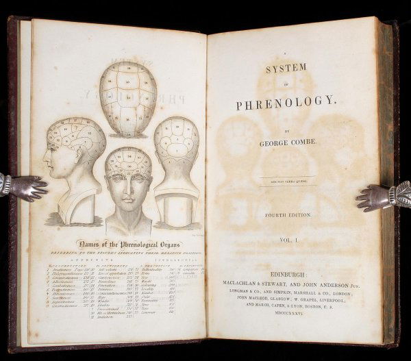 George Combe, A System of Phrenology 2 vols. 1836: Title: A System of Phrenology Author: Combe, George Description: 2 volumes. xx, 435; [iv], [435]-933 pp. Engraved frontispiece of the phrenological organs, hand-colored plate of the Temperaments, blac