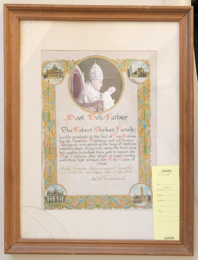 Pope John XXIII Illuminated Indulgence: Heading: (Pope John XXIII) Author: Title: Pope John XXIII Illuminated Indulgence Place Published: No place Publisher: Date Published: 1959 Description: Framed illuminated p