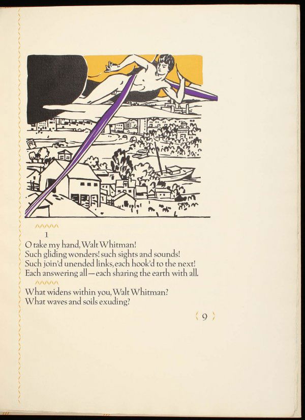 Salut au Monde! from "Leaves of Grass": Title: Salut au Monde! from "Leaves of Grass" Author: Whitman, Walt Description: Illustrated with three linoleum cuts by Vojtech Preissig, printed in black, purple and yellow. 15¼x11½, original boar