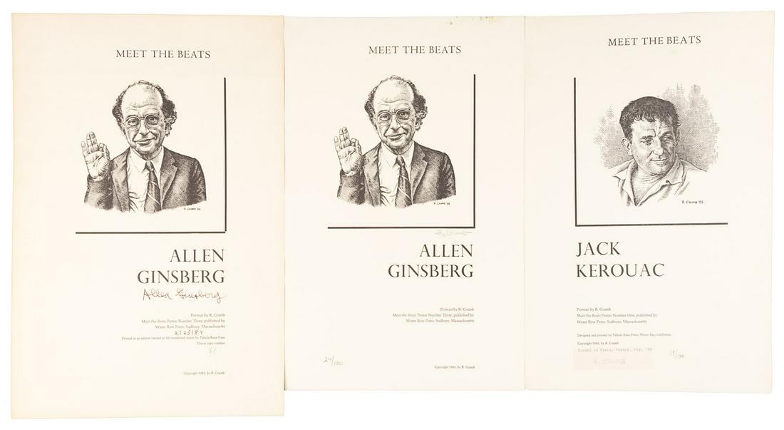 Meet the Beats portraits signed by Crumb and Ginsberg: Heading: Author: Crumb, Robert Title: Three author portraits by Robert Crumb from the "Meet the Beats" series Place Published: Sudbury, MA Publisher:Water Row Press Date Published: 1985-1988