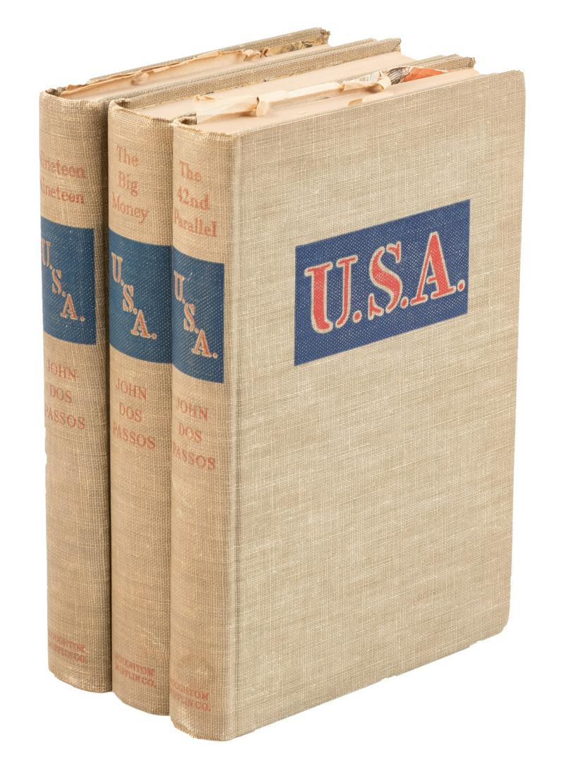 1946 Trade edition of the Dos Passos Trilogy U. S. A.: Heading: Author: Dos Passos, John Title: U. S. A. Place Published: Boston Publisher:Houghton Mifflin Company Date Published: 1946 Description: Three volumes. Illustrated by