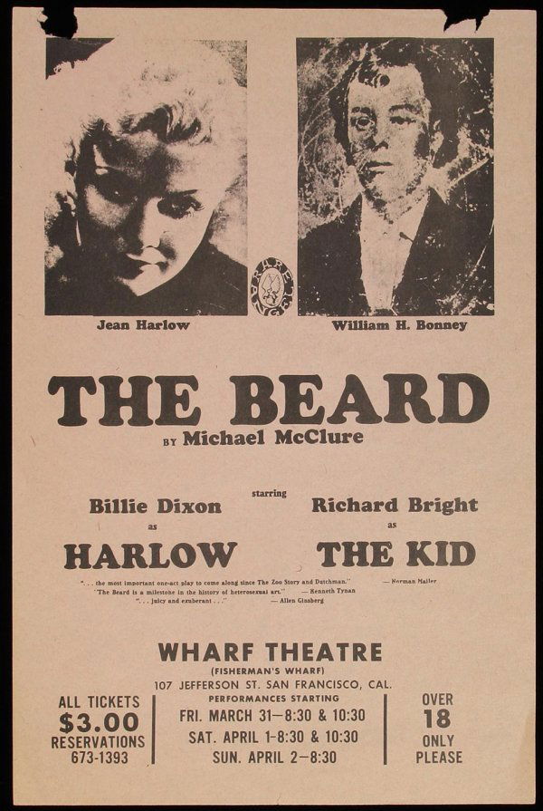 Michael McClure The Beard - 1966 ad flier: Title: The Beard - advertising flier Author: McClure, Michael Description: 11x7¼ on soft violet peach paper, printed and illustrated in black with portrait of Jean Harlow (played by Billie Dixon) and