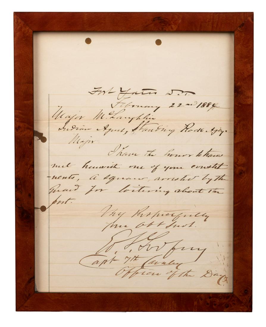 A wry ALS from E.S. Godfrey to Indian Agent McLaughlin: Heading: (Godfrey, E.S.) Author: Title: Letter signed by E.S. Godfrey to Major McLaughlin, Indian agent, regarding an Indian woman arrested for loitering Place Published: Fort Yates Publisher: D