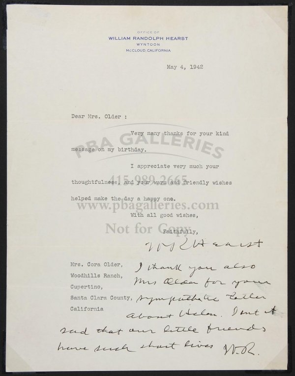 WR Hearst Letter to Mrs. Fremont Older