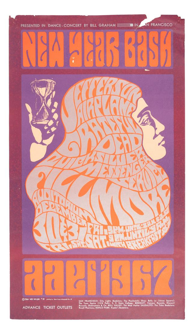 Bill Graham 1966 New Year Bash with the Grateful Dead: Heading: (Posters - Rock) Author: Wilson, Wes, artist Title: New Year Bash with the Grateful Dead, Jefferson Airplane at the Fillmore - December 30-31, 1966 Place Published: San Francisco Publisher:Bi