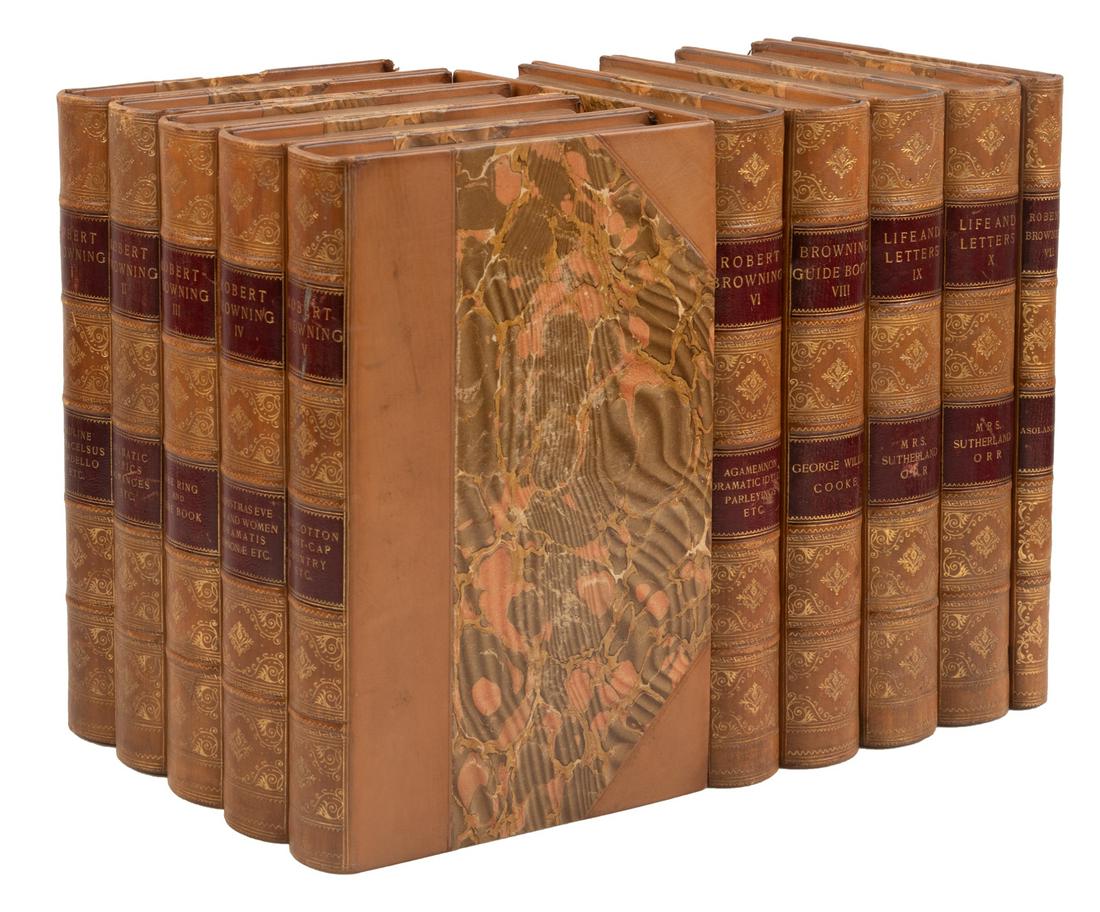 Works of Robert Browning finely bound 10 vols.: Heading: (Fine Bindings) Author: Browning, Robert Title: The Complete Poetic and Dramatic Works of Robert Browning Place Published: Boston and New York Publisher:Houghton, Mifflin at the Riverside Pre