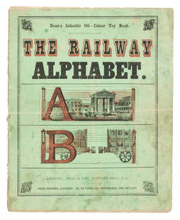 Victorian railway-themed alphabet book: Heading: (Alphabet Book)Author: Title: The Railway Alphabet Place Published: London Publisher:Dean & Son Date Published: c. 1867-73 Description: Four leaves. 26 line illustrations. Printed in red and