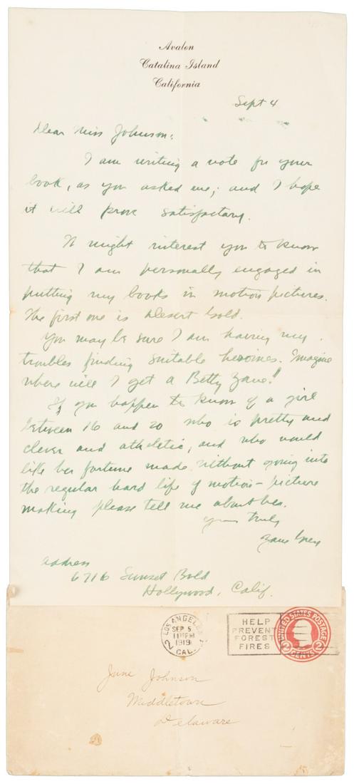 Letter from Zane Grey to Miss June Johnson: Heading: Author: Grey, Zane Title: Letter from Zane Grey to Miss June Johnson Place Published: Hollywood, California Publisher: Date Published: 1919 Description: 27x15.5 cm