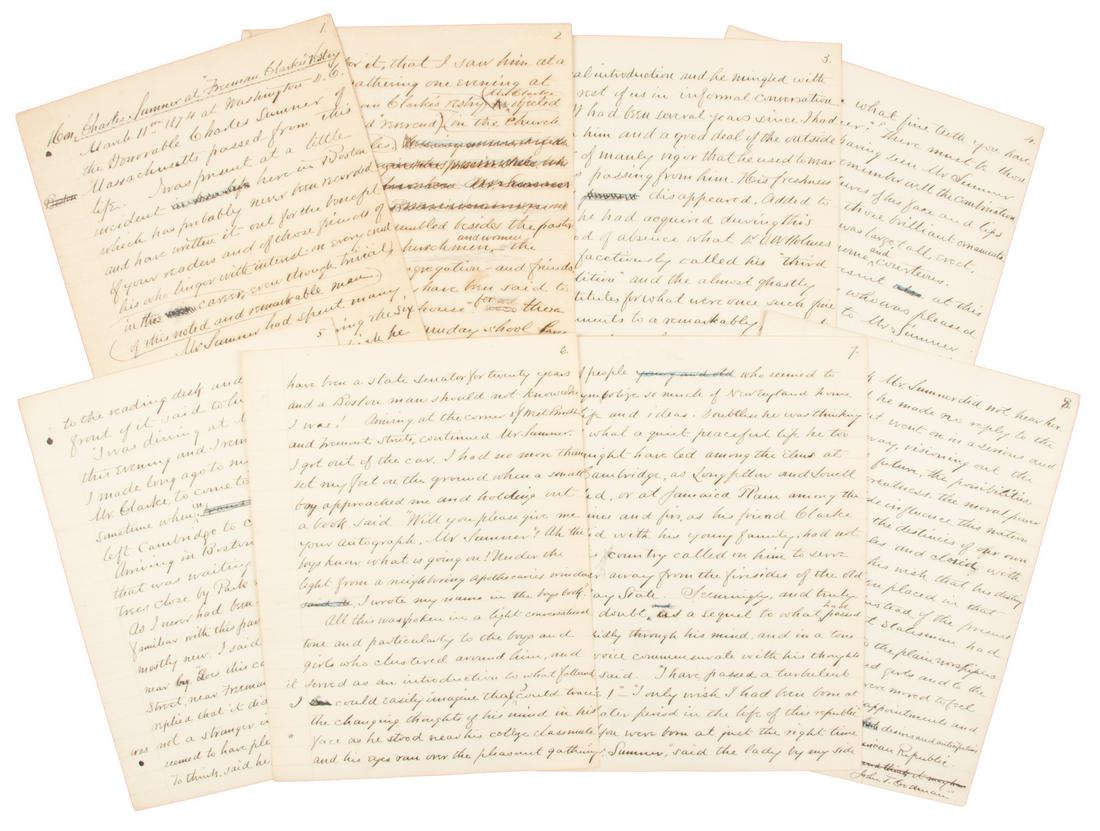 Previously unrecorded remembrance of Charles Sumner: Heading: (Sumner, Charles) Author: Codman, John T. Title: Manuscript Remembrance of Charles Sumner Place Published: No place Publisher: Date Published: c.1874 Description: 8
