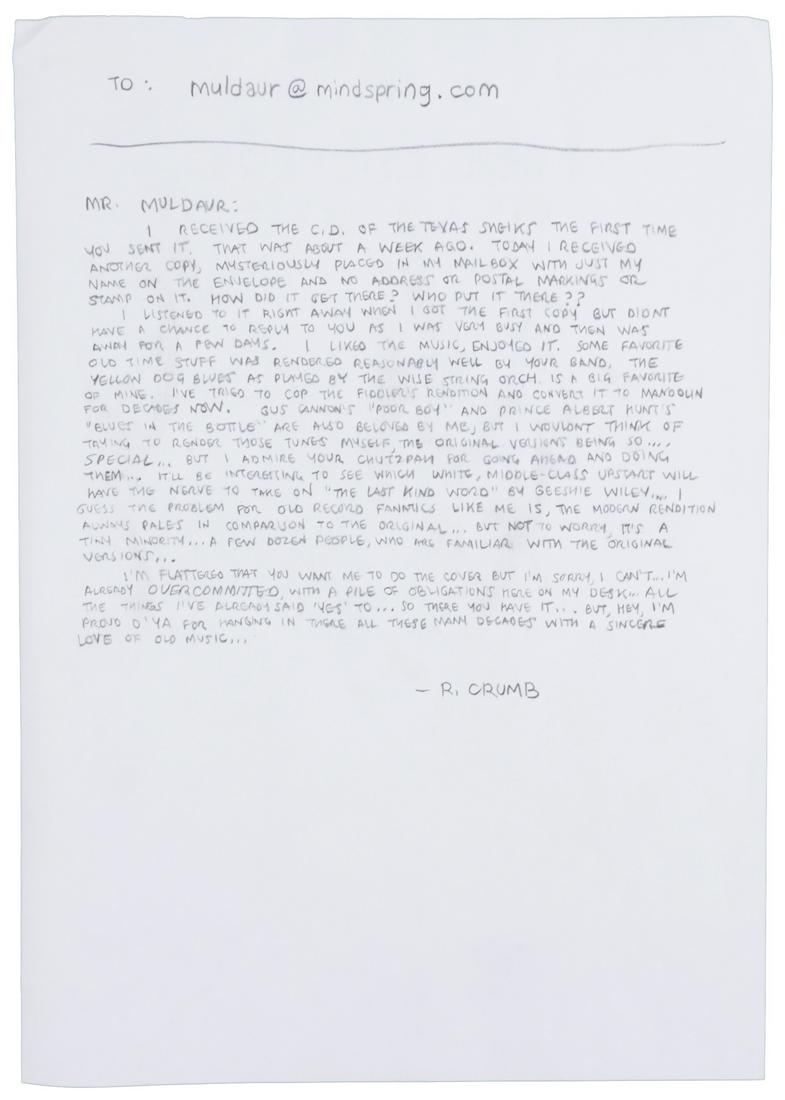 Robert CRUMB Handwritten Letter: Old-Time Music (1 of 1)