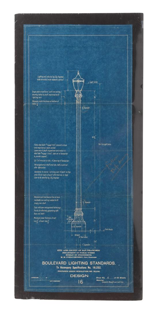 Blueprints for San Francisco Streetlight c.1930: Heading: (California - San Francisco) Author: O'Shaughnessy, M.M., City Engineer Title: Boulevard Lighting Standards... Design 12 Place Published: San Francisco Publisher: Date Published: c.1