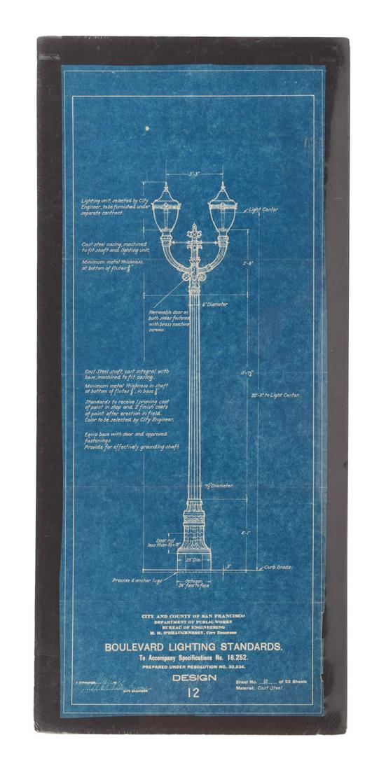 Blueprints for San Francisco Streetlight c.1930: Heading: (California - San Francisco) Author: O'Shaughnessy, M.M., City Engineer Title: Boulevard Lighting Standards... Design 16 Place Published: San Francisco Publisher: Date Published: c.1