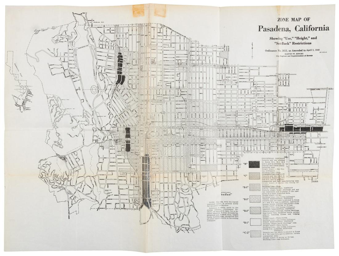 Zoning map of Pasadena Cal., 1940: Heading: (California - Pasadena) Author: Hinks, Harvey W., city engineer Title: Zone Map of Pasadena, California: Showing "Use," "Height," and Set-Back" Restrictions. Ordinance No. 2613, as amended to