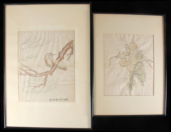 Set of 2 Chinese hand-watercolored woodcuts