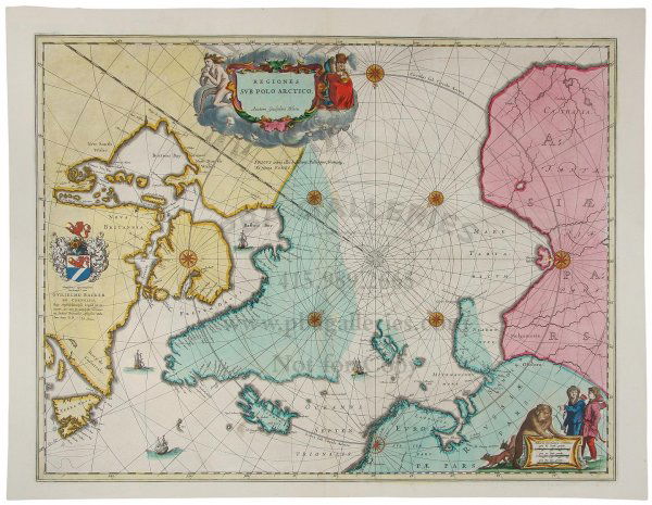 Blaeu map of the Arctic regions c.1640: Title: Regiones Sub Polo Arctico Author: Blaeu, Willem Description: Copper-engraved map, later hand-coloring with gold highlights. 41x53 cm. (16x21").The Arctic regions including Iceland, Nova Zemla,