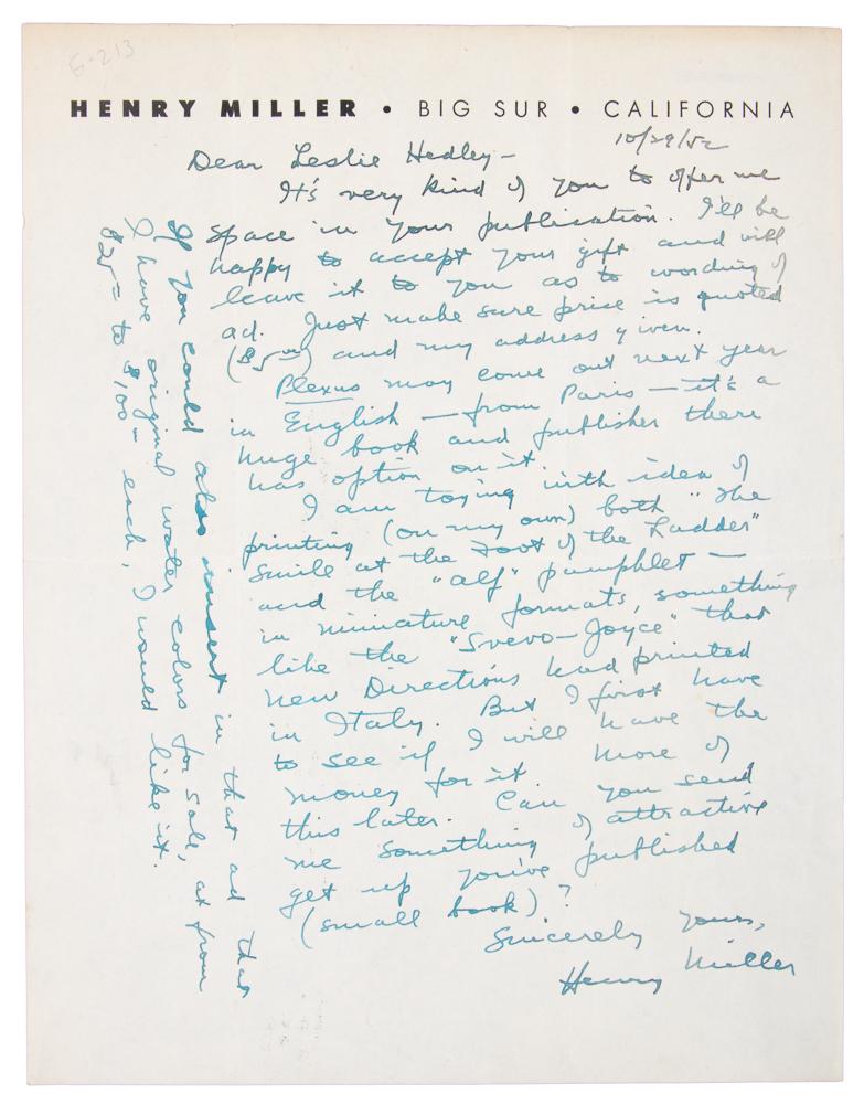 Henry Miller signed letter, 1952 (1 of 1)