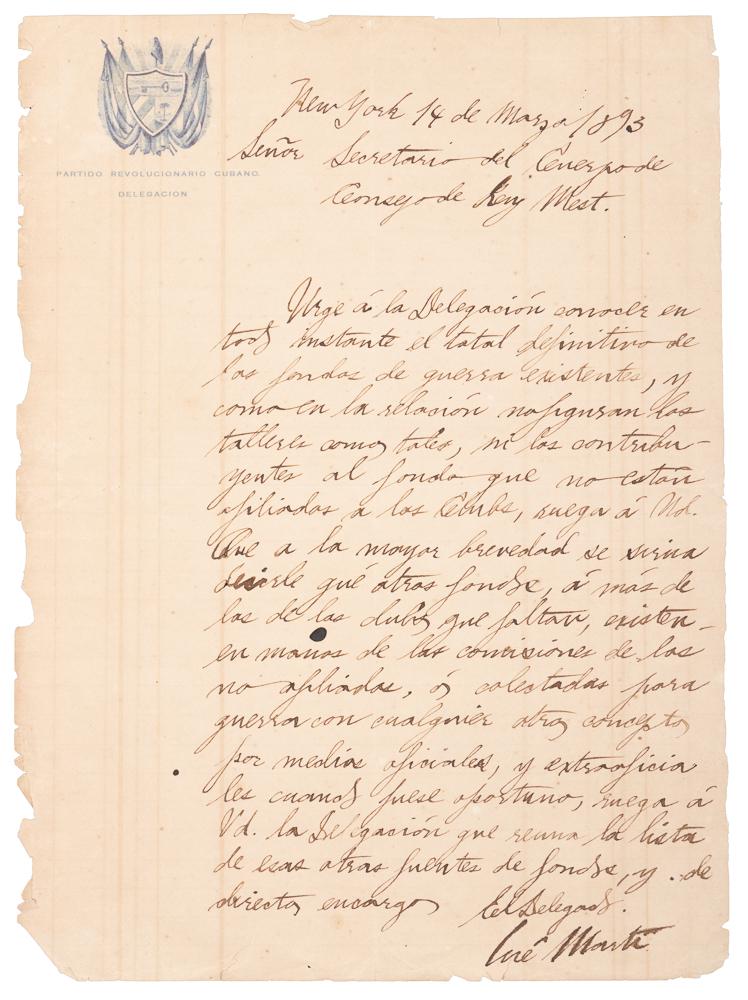 ALS from Cuban revolutionary José Marti: Heading: (Cuba) Author: Martí Perez, José Julían Title: Letter signed by Cuban poet and revolutionary José Marti, regarding funds for the ongoing Cuban struggle for independence from Spain Place P