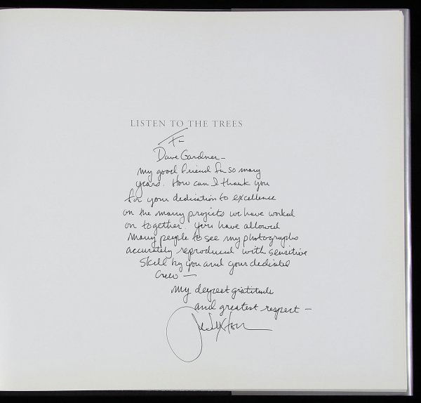 John Sexton photo book Listen to the Trees inscr.: Title: Listen to the Trees Author: Sexton, John Description: Introduction by Stewart L. Udall. Essay by James Baker. Illustrated throughout from photographs by Sexton. 10½x11½, black cloth, spine le