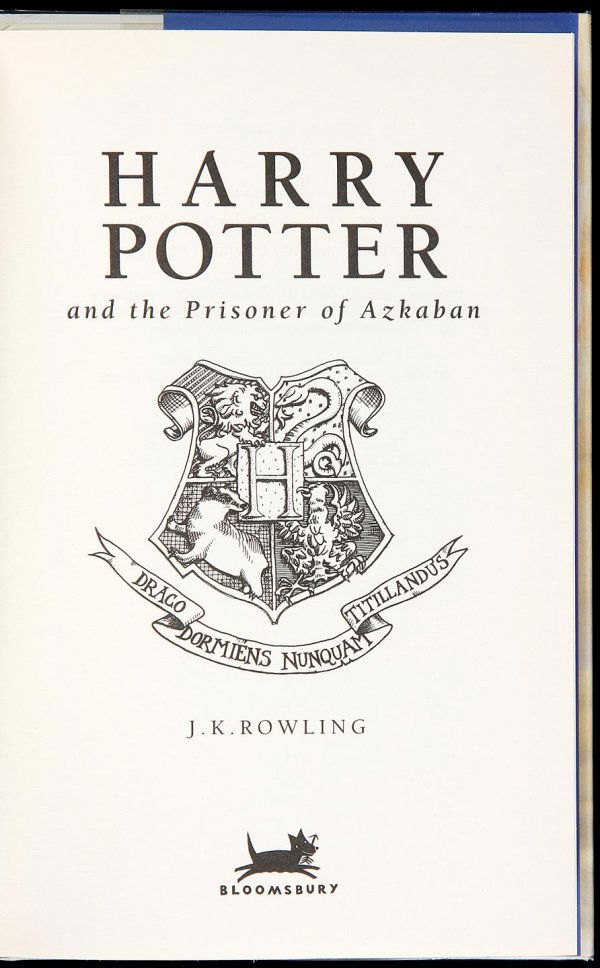H Potter & Prisoner of Azkaban 1st ed, 2nd ptg: Title: Harry Potter and the Prisoner of Azkaban. Author: Rowling, J.K. Description: 7¾x5, color pictorial boards based upon an illustration by Cliff Wright, matching jacket. First Edition, Second Sta