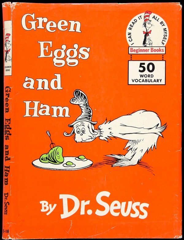 Dr. Seuss Green Eggs and Ham First Edition: Title: Green Eggs and Ham Author: Seuss, Dr. Description: Pictorial boards, pictorial dust jacket, custom slipcase. First Edition.Second state dust jacket with '50 Word Vocabulary' box printed on jack
