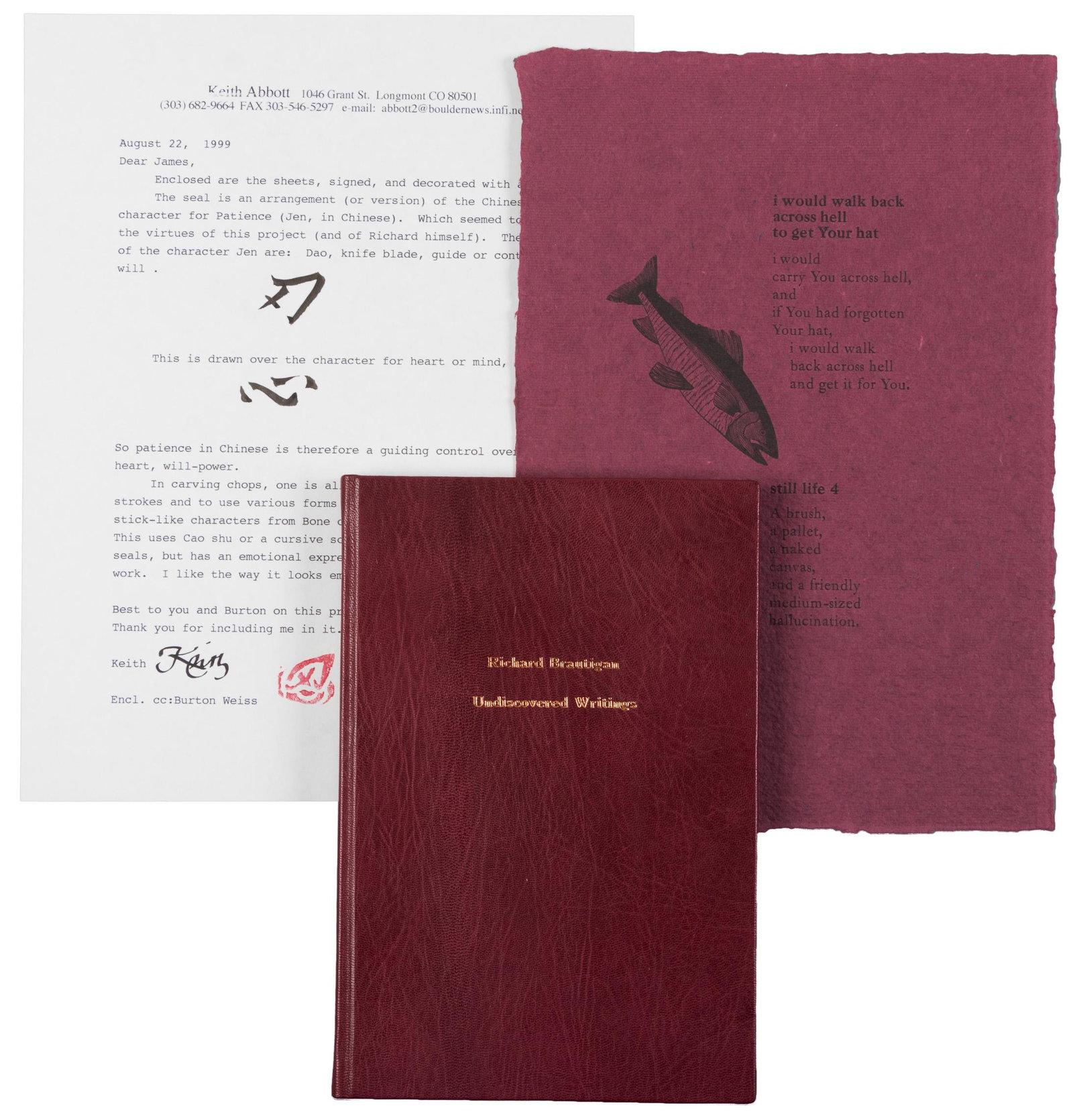Brautigan, Edna Webster Collection full leather 1/10: Heading: Author: Brautigan, Richard Title: The Edna Webster Collection of Undiscovered Writings Place Published: Berkeley and Forest Knolls Publisher:Burton Weiss and James Musser Date Published