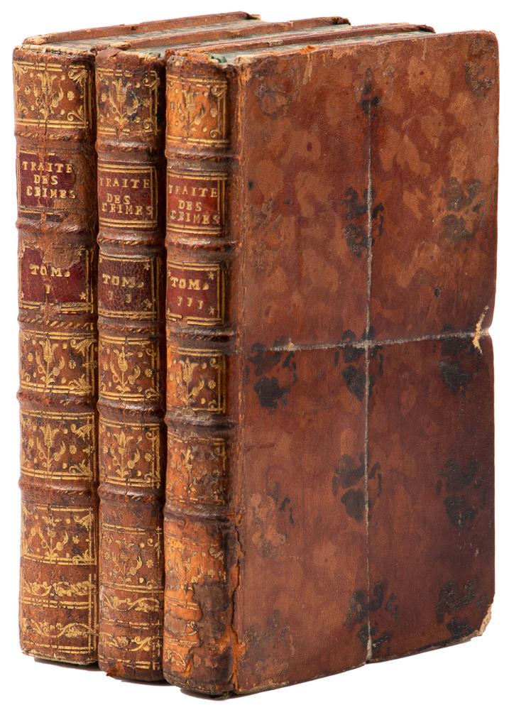 French treatise on crime, 1762, finely bound: Heading: Author: Soulatges, Jean Antoine Title: Traite des Crimes Place Published: Toulouse Publisher:Chez Antoine Birosse Date Published: 1762 Description: 3 vols. ix, [1] blan