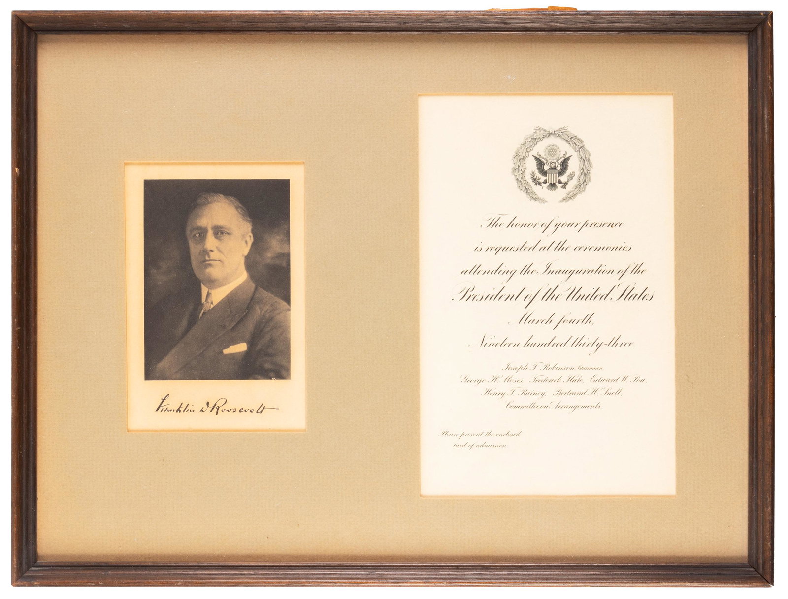 1933 Inauguration invitation, FDR: Heading: (Presidents, 1933) Author: Title: Invitation to the 1933 Inauguration of President Franklin D. Roosevelt matted and framed with a facsimile autographed portrait of the President Place Publish