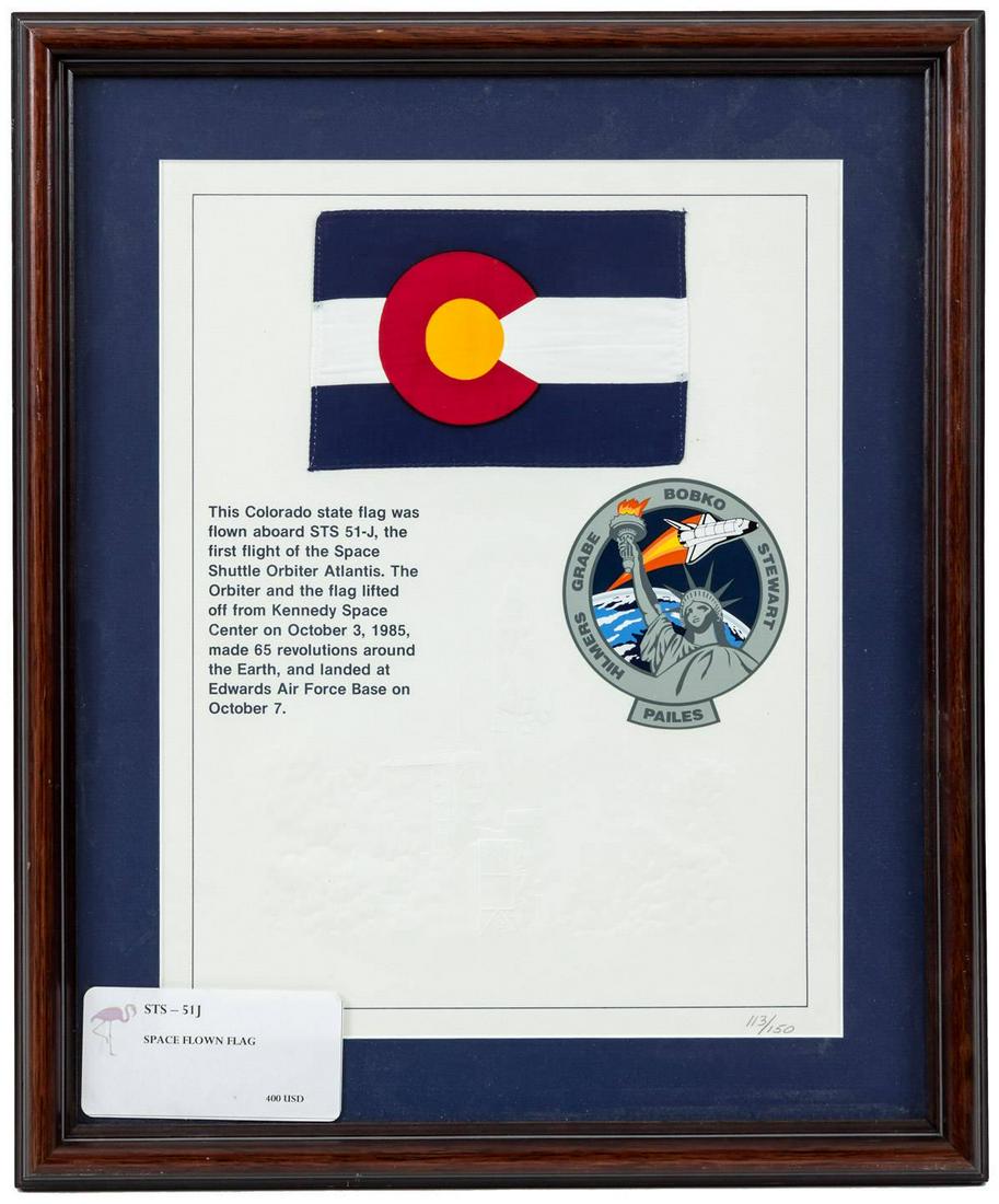 Space Flown Flag of Colorado 1/150: Heading: (Space Exploration, 1985) Author: Title: Small Colorado state flag, flown in space aboard the Space Shuttle Orbiter Atlantis Place Published: Publisher: Date Published: 1985