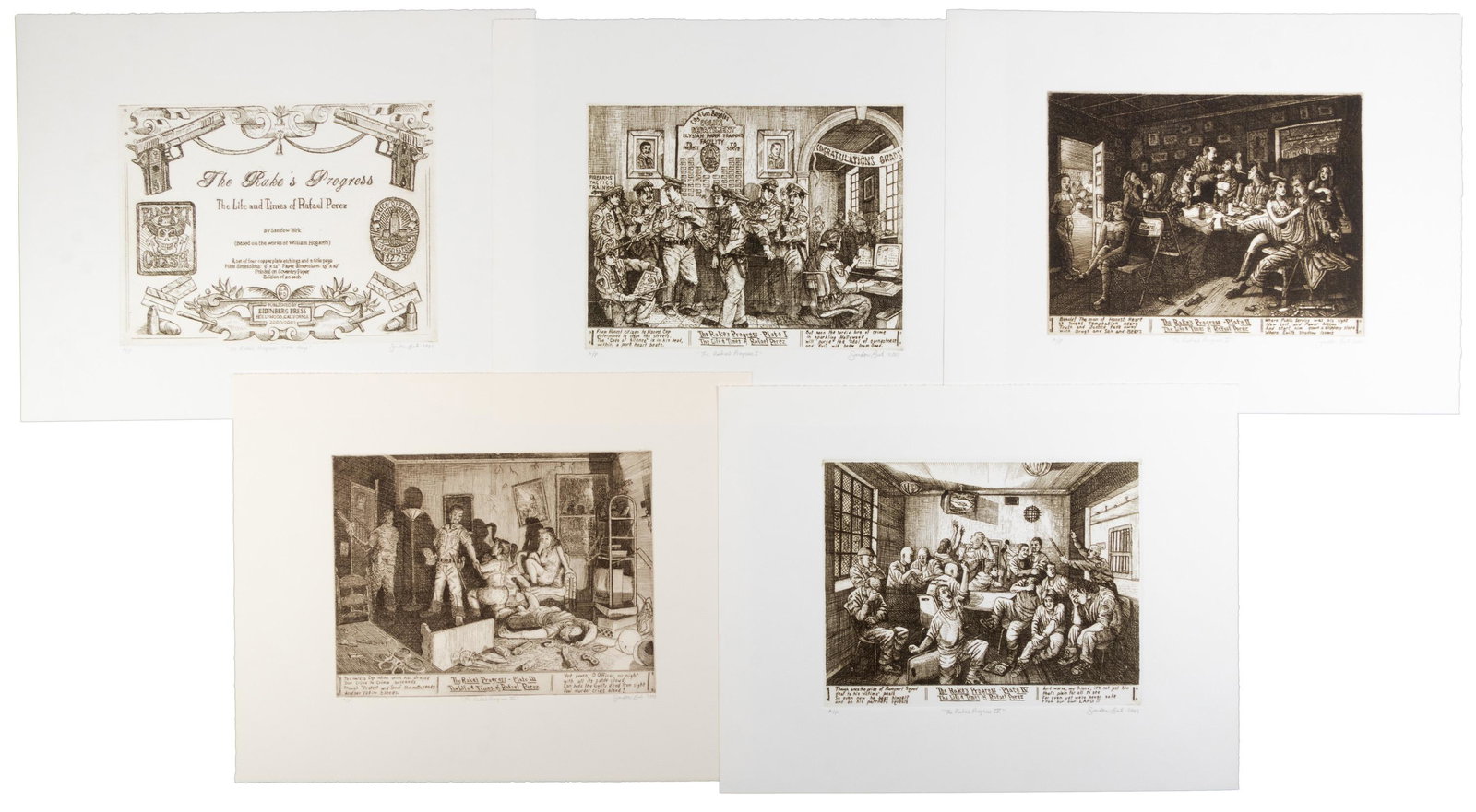 Sandow Birk, A Rake's Progress, suite of 4 etchings: Heading: Author: Birk, Sandow Title: A Rake's Progress: The Life and Times of Rafael Perez - suite of four etchings Place Published: Hollywood, CA Publisher:Eisenberg Press Date Published: 2