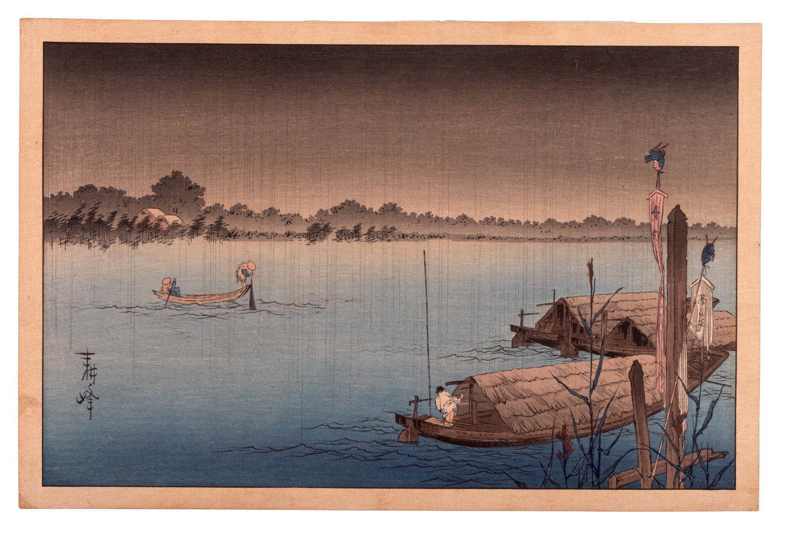 Shoda Koho color woodblock print: Heading: Author: Shoda, Koho Title: A River in the Rain (Docked on The Sumida River) Place Published: Japan Publisher:Hasegawa Date Published: [c. 1910] Description: Color woodb