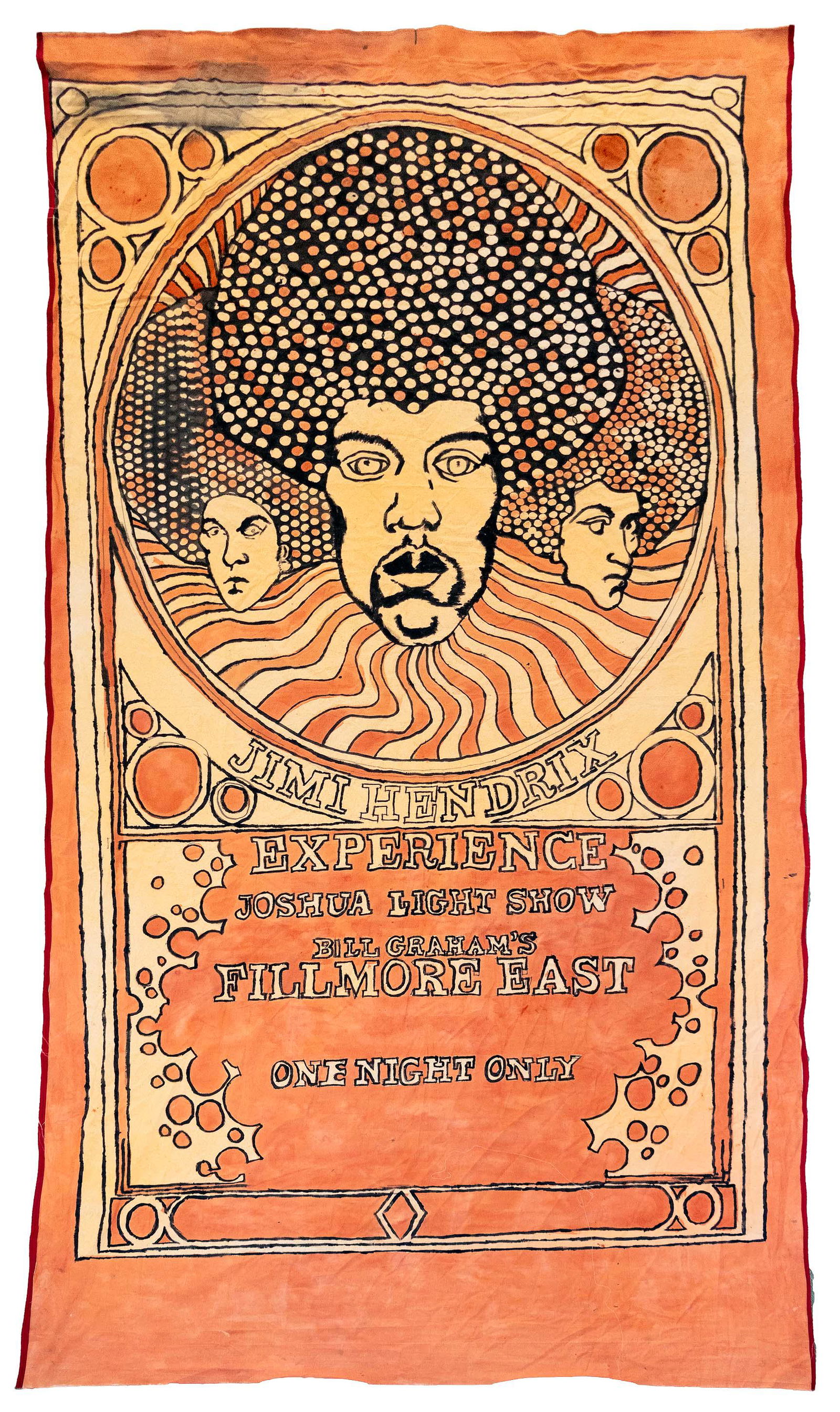 Jimi Hendrix banner Fillmore East 1968: Heading: (Rock Posters - Original Art) Author: Title: Jimi Hendrix banner with original artwork for the Fillmore East Place Published: [San Francisco] Publisher: Date Published: [1968]