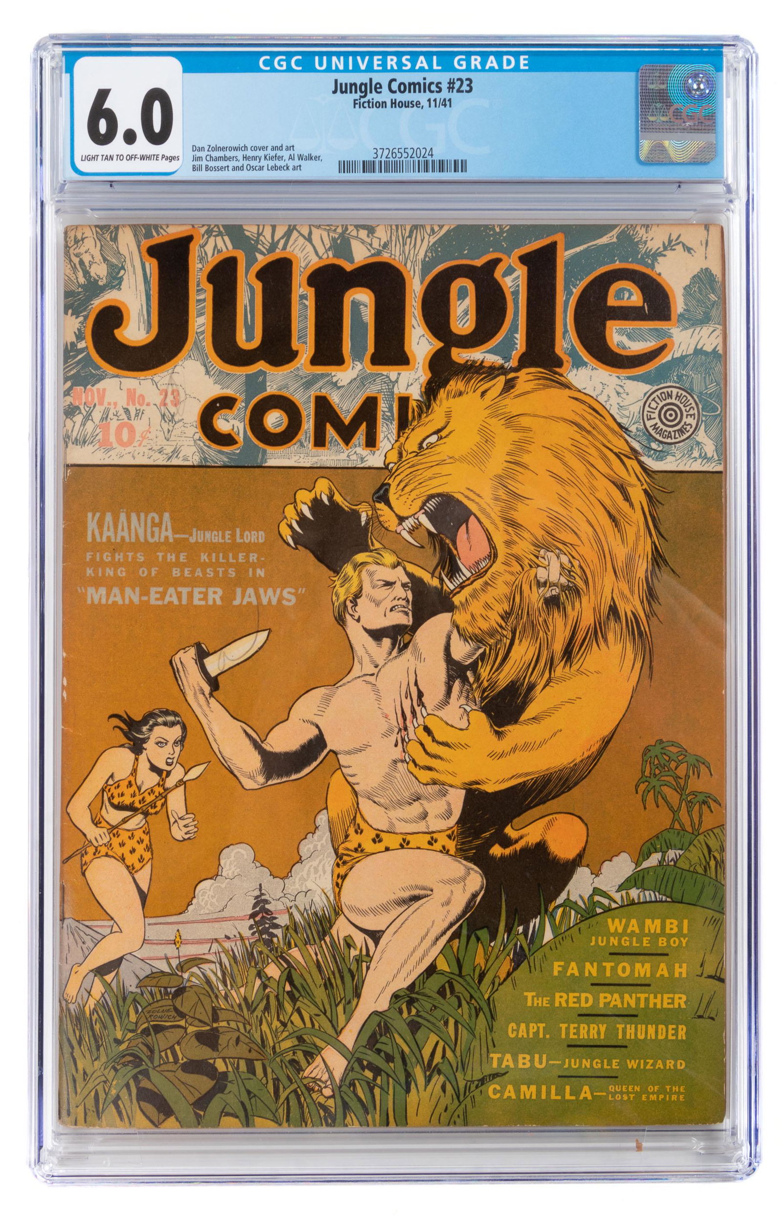 JUNGLE COMICS #23 * CGC 6.0 * Kaanga * WAMBI * Tabu: Heading: Author: Title: JUNGLE COMICS No. 23 Place Published: Publisher: Date Published: Description: Fiction House. November, 1941. CGC certified: Fine (6.0). </