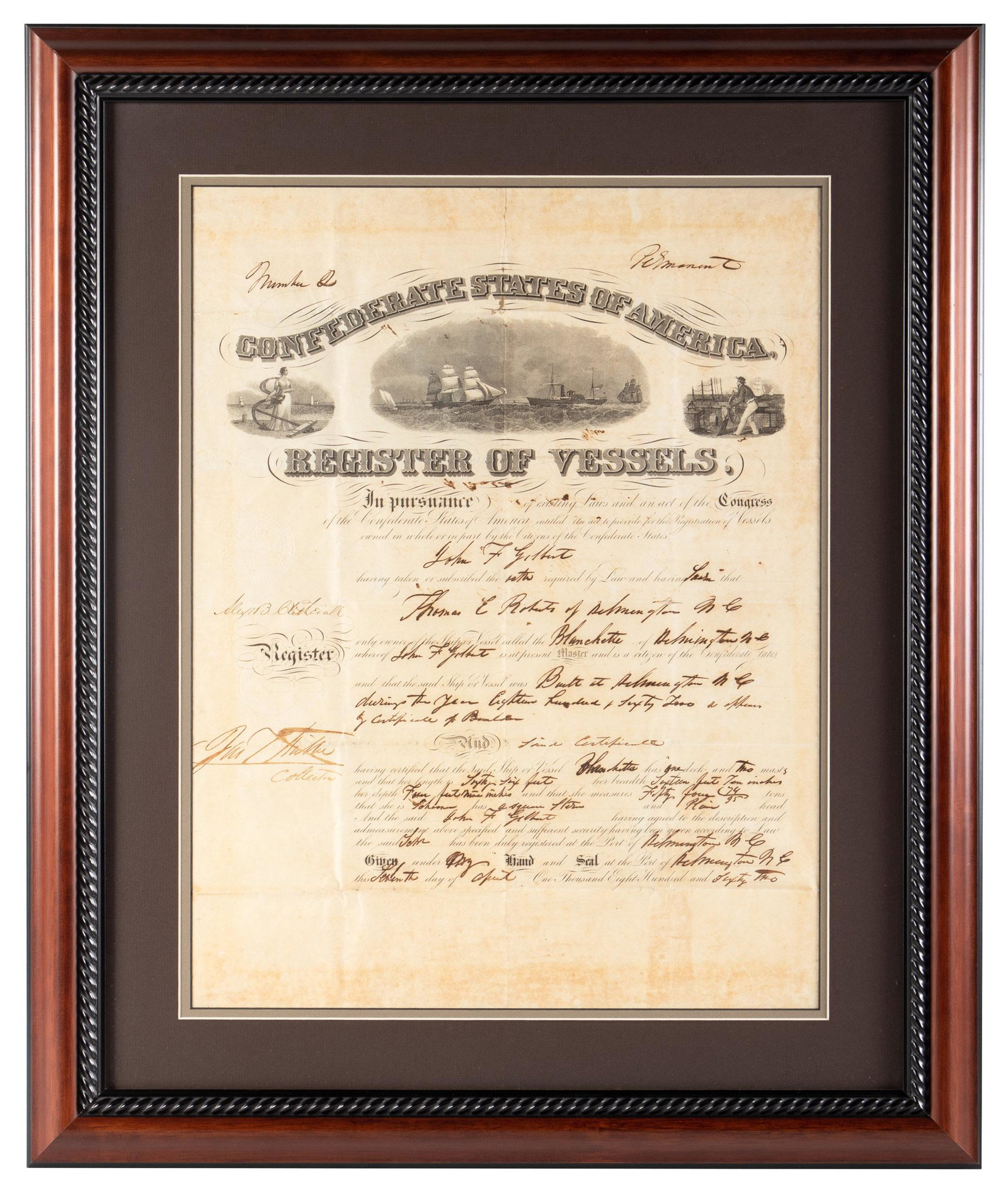 Rare Confederate Ship's Register 1862: Heading: (Civil War) Author: Title: Confederate States of America, Register of Vessels Place Published: Wilmington, North Carolina Publisher: Date Published: April 7, 1862 Description: