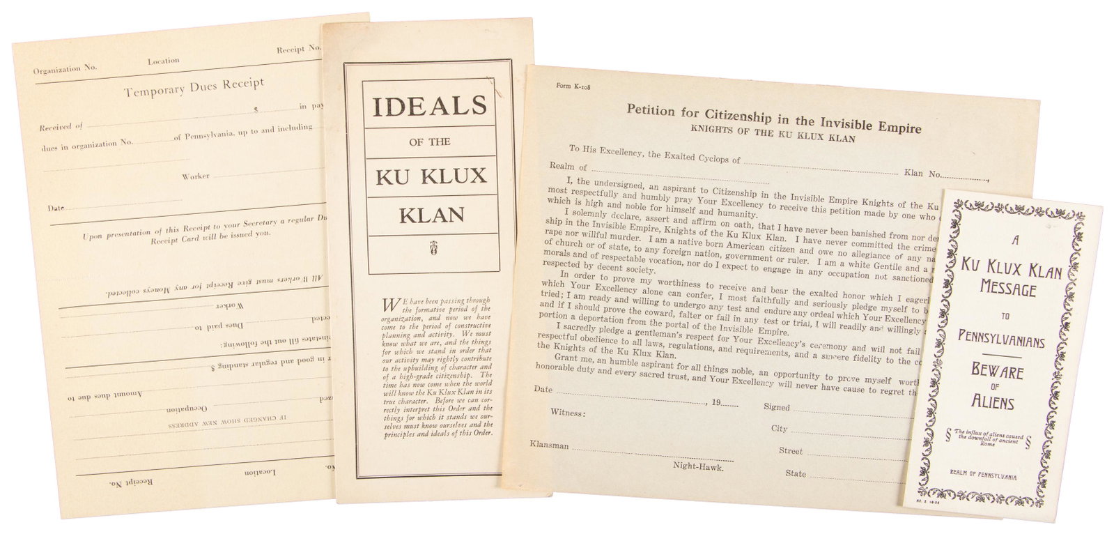 Collection of Ku Klux Klan ephemera: Heading: (Ku Klux Klan) Author: Title: Collection of Ku Klux Klan ephemera Place Published: Various places. Publisher: Date Published: 1920s Description: Four pieces. Includes:<