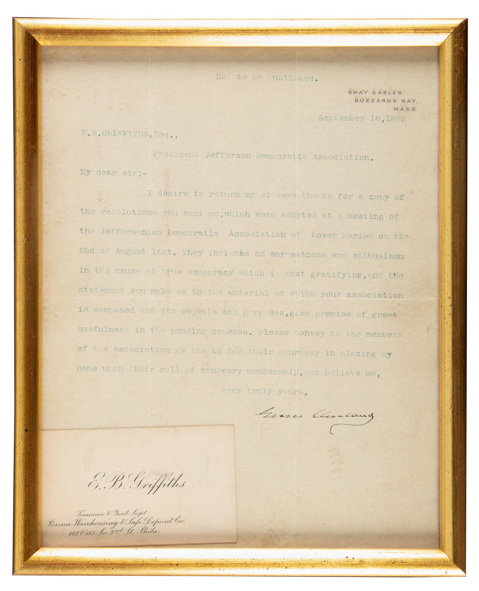 Typed signed letter by Grover Cleveland 1892: Heading: (Presidents, 1885) Author: Cleveland, Grover Title: Typed signed letter by Grover Cleveland Place Published: Buzzard Bay, Mass. Publisher: Date Published: September 16, 1892 De
