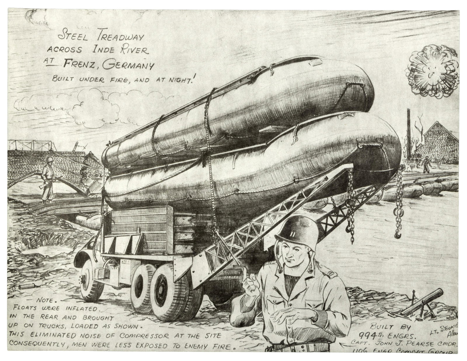 Original battlefield drawing by Benjamin "Stookie": Heading: (World War II) Author: Allen, Benjamin "Stookie" Title: Steel Treadway Across Inde River at Frenz, Germany: Built Under Fire! - original WWII battlefield drawing Place Published: Frenz, Germa