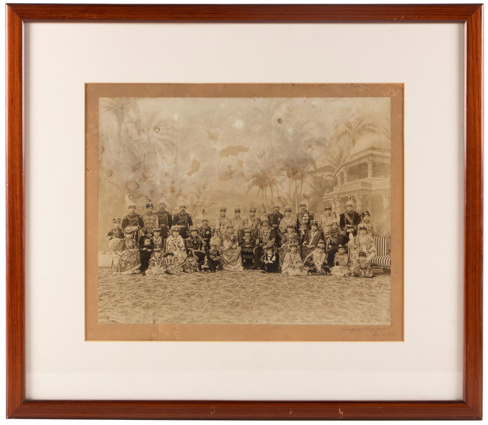 Photograph of Nepalese Prime Minister and family: Heading: (Photographs - Nepal) Author: Title: Group portrait of Field-Marshal Maharaja Sri Teen Chandra Shumsher Junga Bahadur Rana and family Place Published: Mhow, British India Publisher:Herzog & H